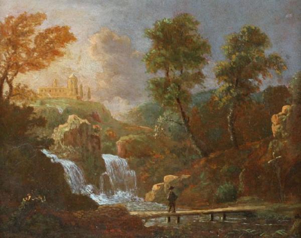 Willem van Bemmel Landschap figuur op een brug bij een waterval oil painting picture